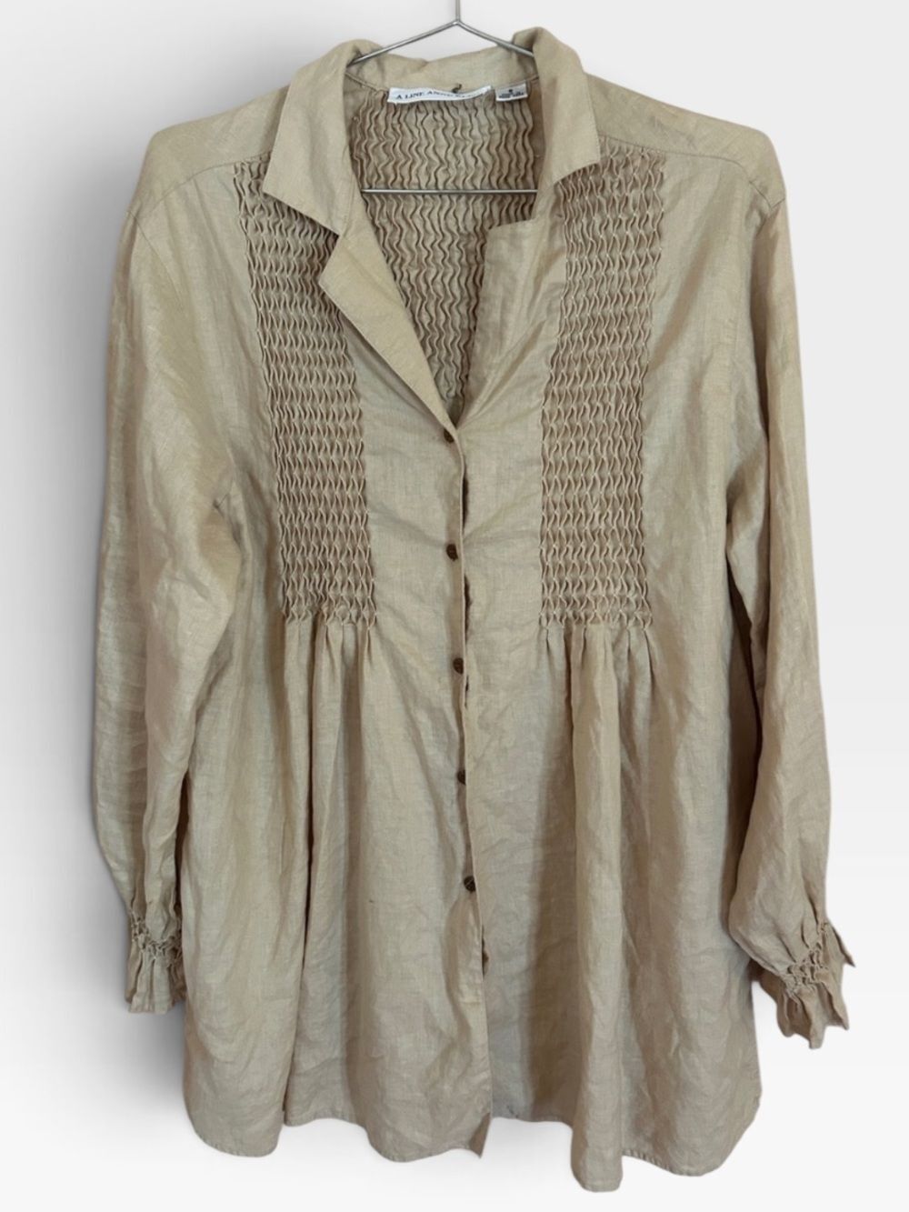 Anne Klein  tan Beige Smocked Front Button-Down Linen Shirt size small